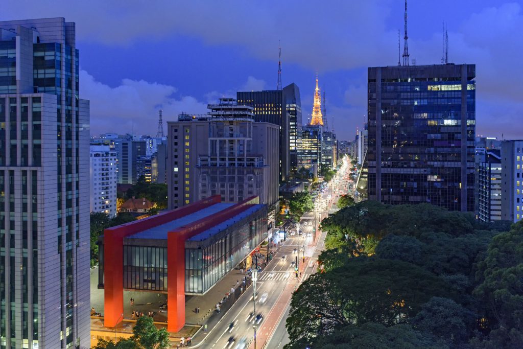 Night view of the famous Paulista Avenue, the financial center of São Paulo.