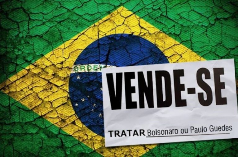 Brazil,Brazil for Sale: See Bolsonaro or Paulo Guedes poster signals resistance of government's privatization plans.