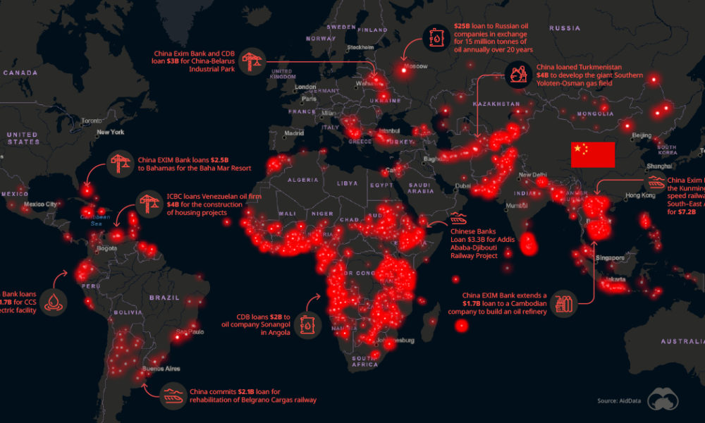 A world map of Chinese investment in the world. Deep red areas are particularly dependent on China's money blessings.