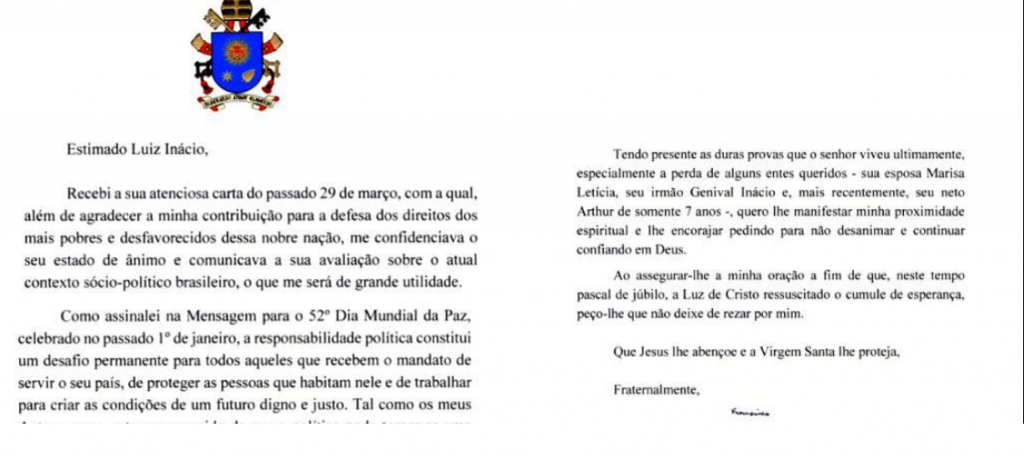 In May last year, Pope Francis sent a letter to Lula in prison, asking the former president not to be discouraged or cease to trust in God.