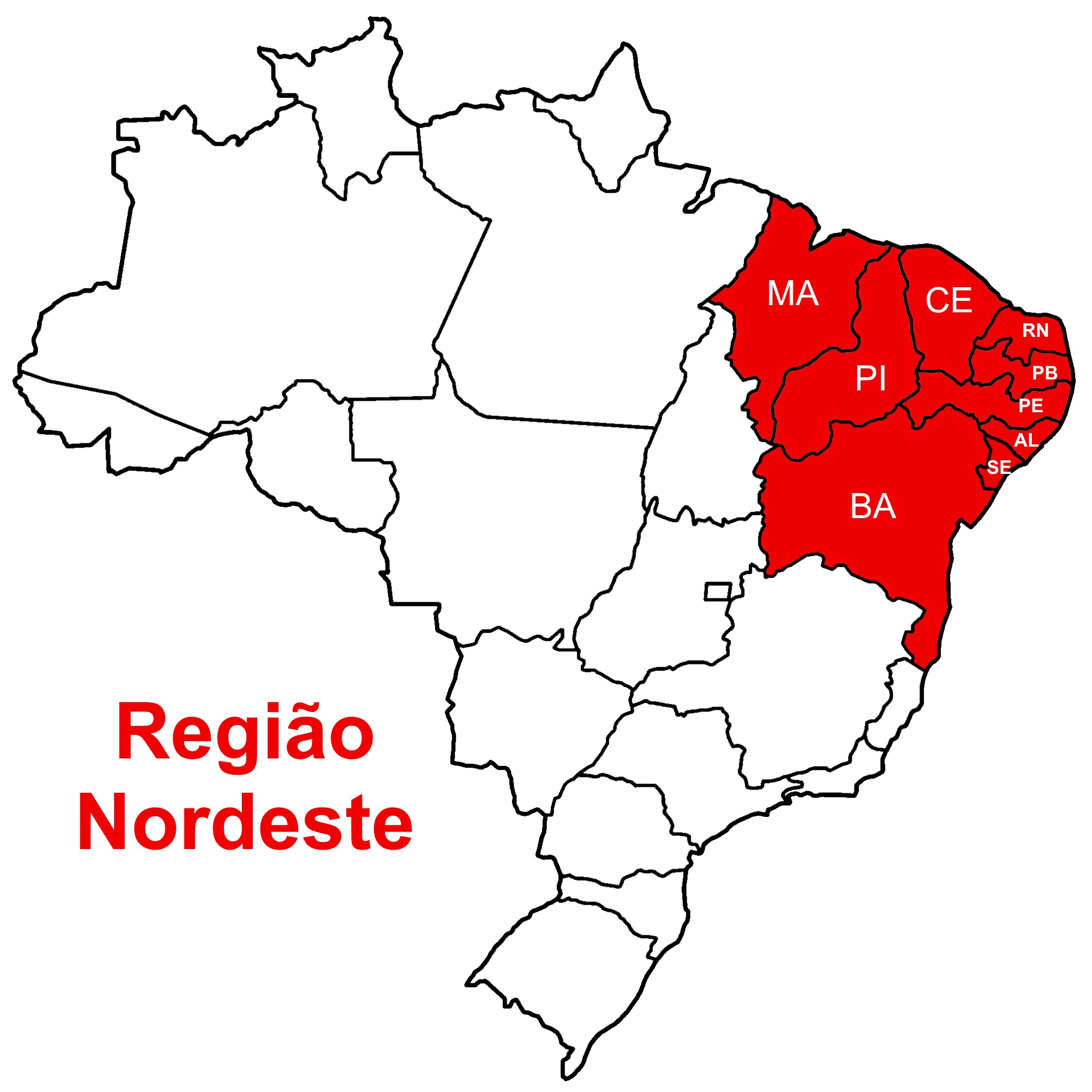Map of Brazil with the Northeastern Sates in red.