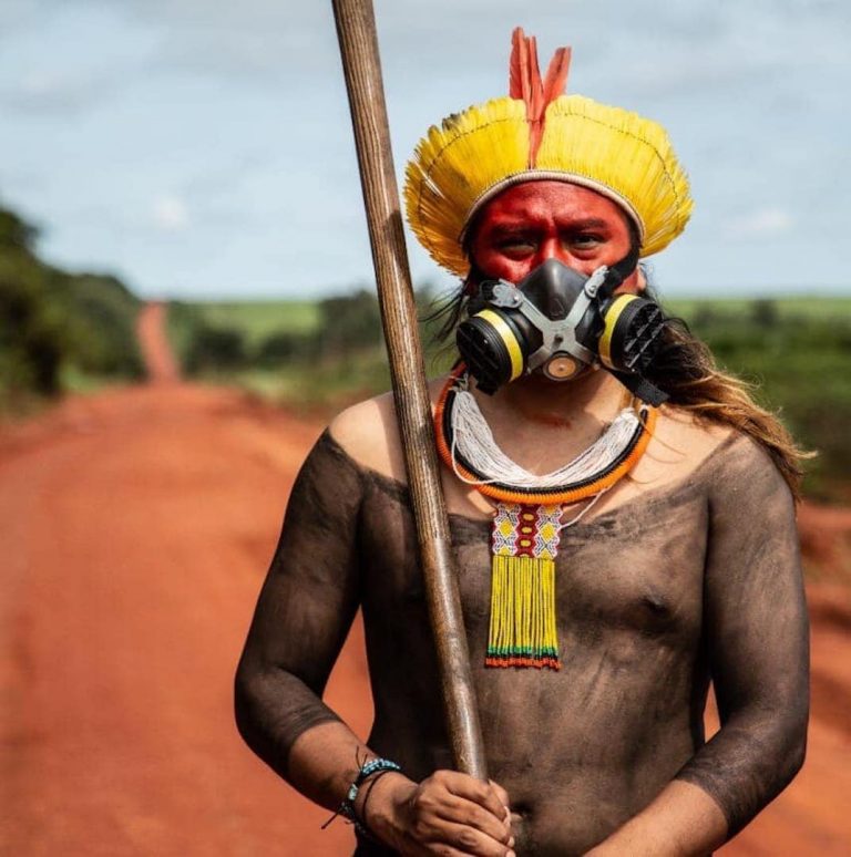 Brazil,Indigenous man using mask to prevent from contamination of Covid19,.