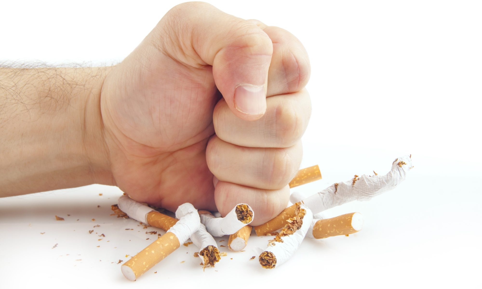Human fist breaking cigarettes on white background