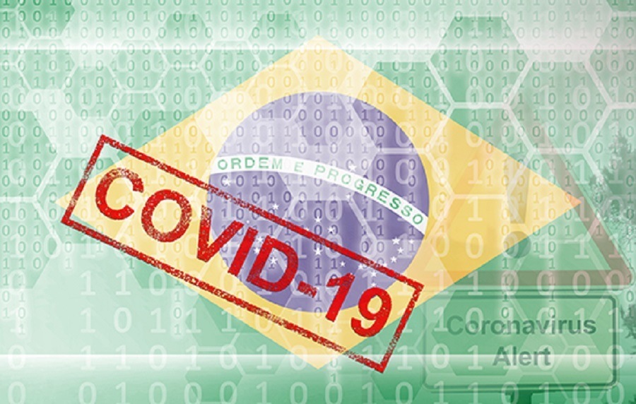 Brazil flag and futuristic digital abstract composition with Covid-19 stamp. Coronavirus outbreak concept