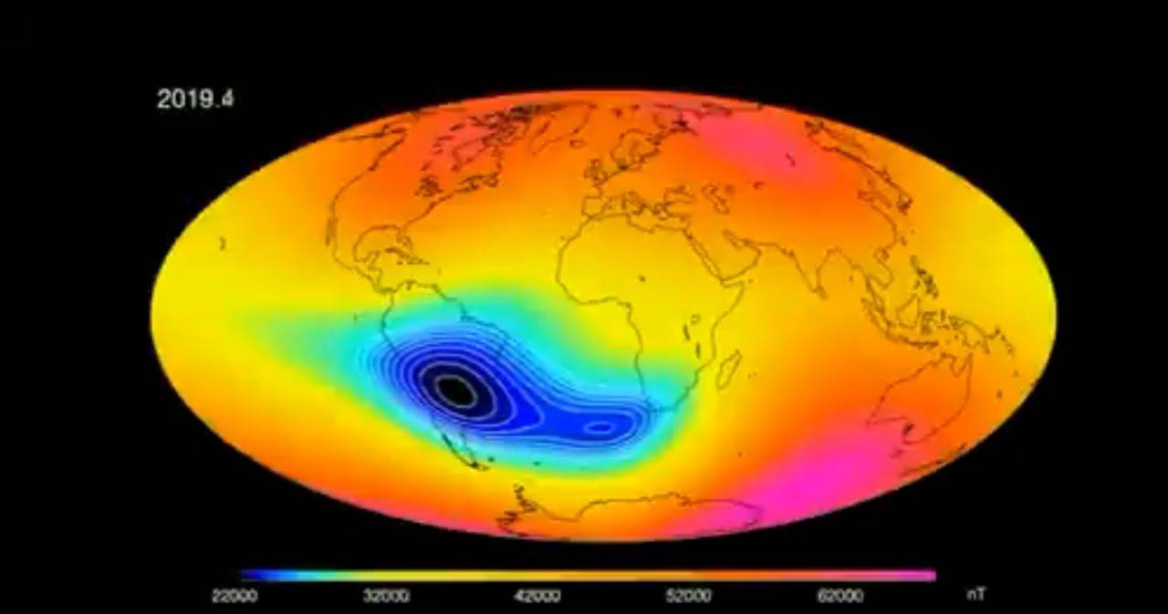 In an area stretching from Africa to South America, Earth's magnetic field is gradually weakening.