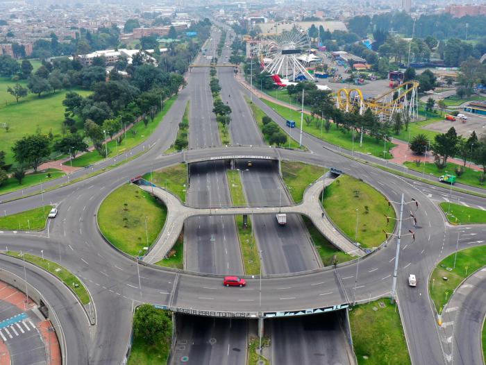Almost completely empty streets in Bogotá, Colombia.
