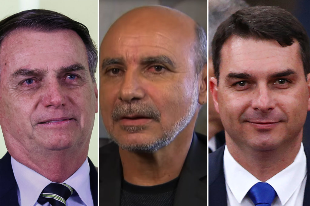 Brazilian President Jair Bolsonaro (left), Fabrício Queiroz (center), and Jair Bolsonaro's son, Senator Flávio Bolsonaro (right).