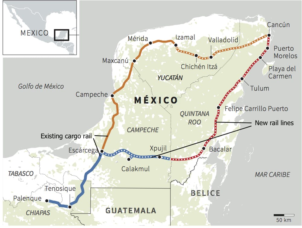 The state Tren Maya megaproject is a 1,460 km long railway line that will connect the five states of Chiapas, Tabasco, Campeche, Yucatán, and Quintana Roo.