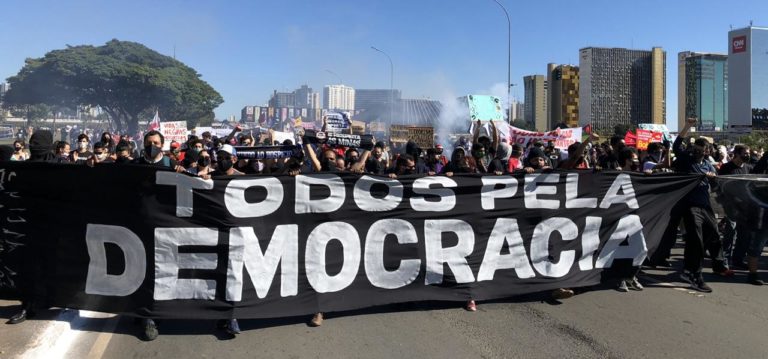 Brazil,Groups fighting against some of President Bolsonaro's anti-democratic stances take to the streets in Brazil.