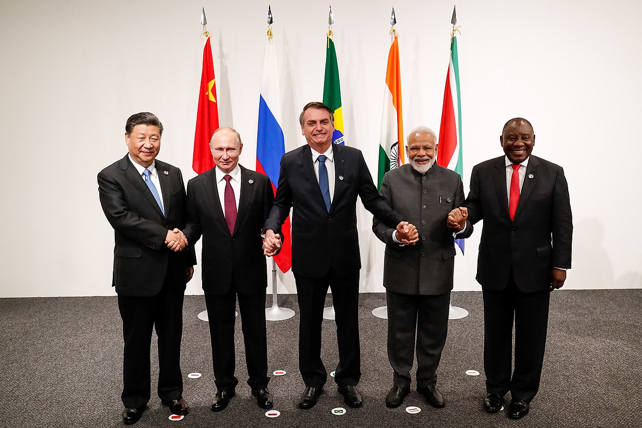 The presidents of the BRICS countries. From left to right: China's Xi Jinping, Russia's Vladimir Putin, Brazil's Jair Bolsonaro, India's Narendra Modi, and South Africa's Cyril Ramaphosa.
