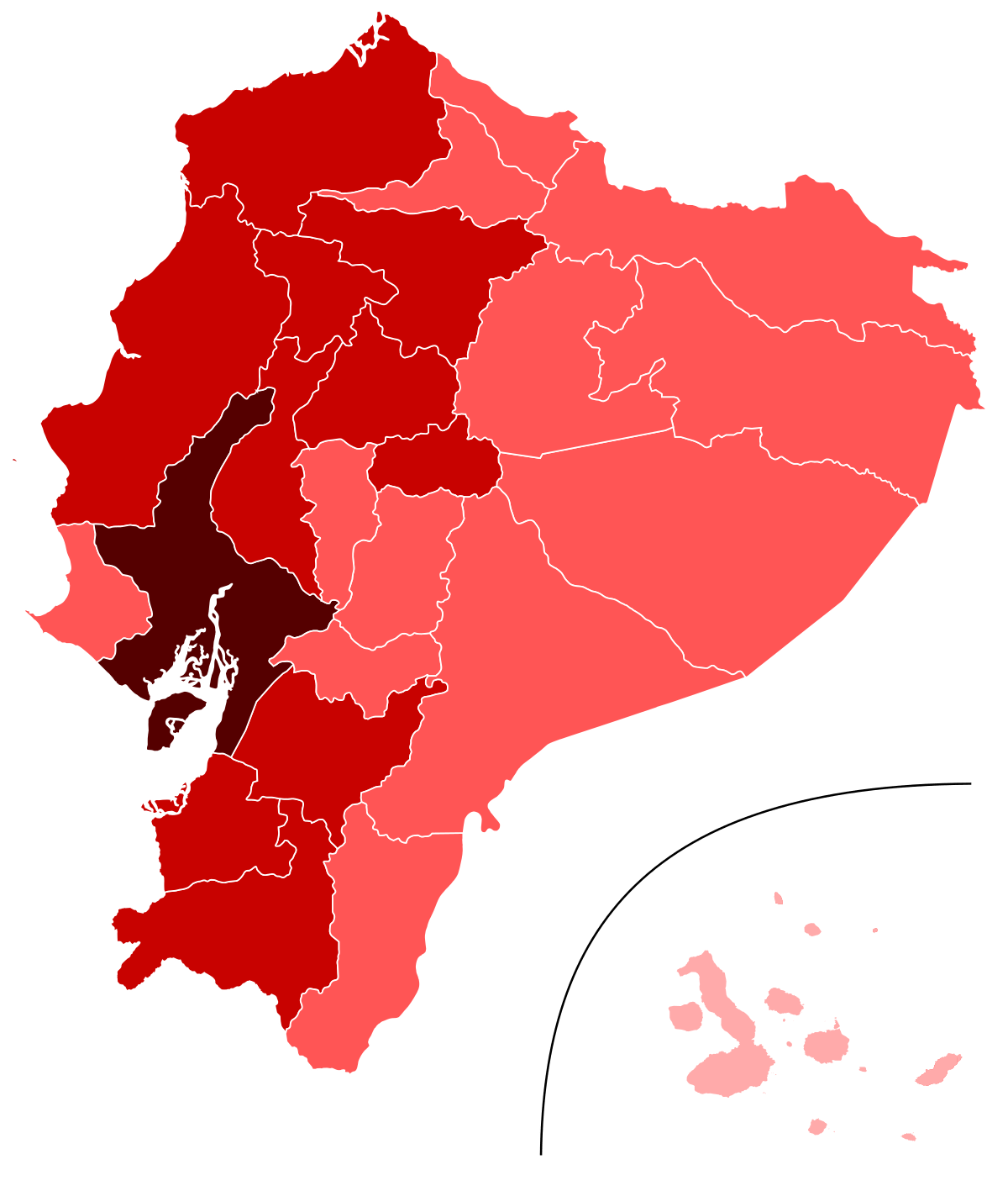 The areas most affected by Covid-19 are colored in dark red. It is Guayaqil and its hinterland.