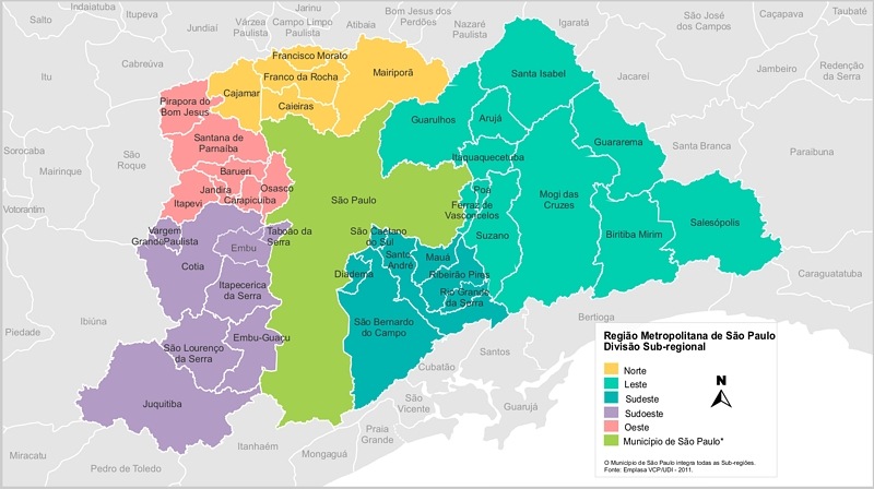 The metropolitan region of São Paulo is made up of 39 municipalities, with a total of 21.14 million inhabitants.