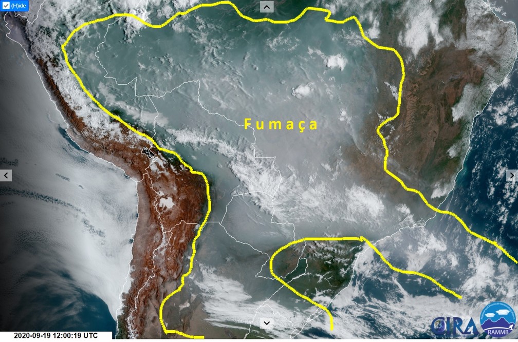 The area outlined in yellow is affected by smoke from the Amazon and Pantanal fires. (Photo internet reproduction)