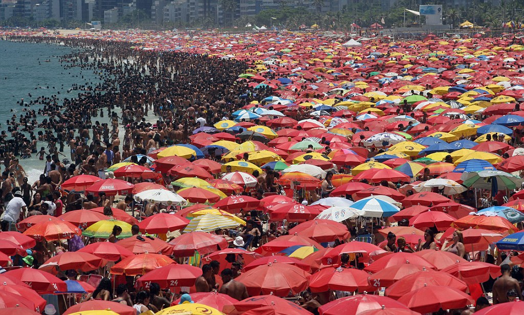 Bathers enjoy the day's heat wave at Ipanema Beach in the south zone of Rio de Janeiro.