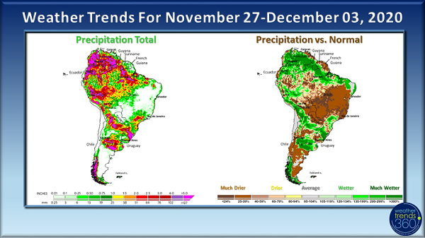 Rainfall was spotty over the seven-day period from November 20th to the 26th across Brazil and Argentina.
