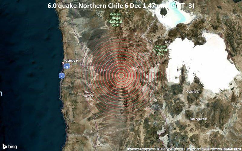A intermediate magnitude 6.0 earthquake was reported around noon near Iquique, Provincia de Iquique, Tarapaca, Chile.