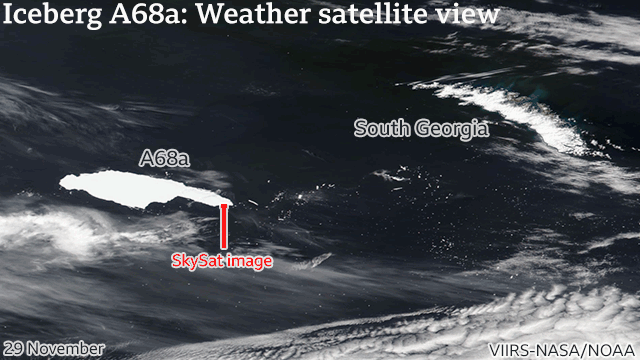 The iceberg, which has been named A68a, is now just 200 kilometers away from the islands, raising concerns that it could become stuck in shallow waters.