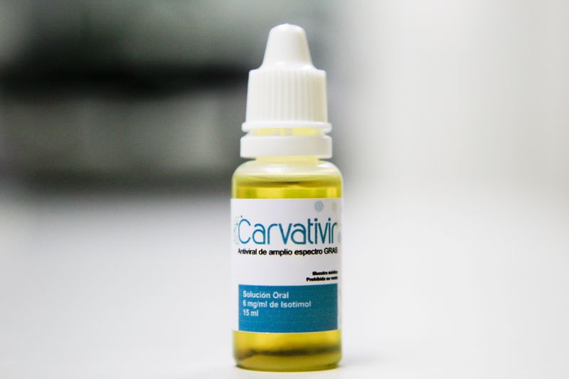 A plastic container labeled Carvativir, a drug that Venezuela's government says is a miracle cure for coronavirus disease (COVID-19), is pictured in Caracas