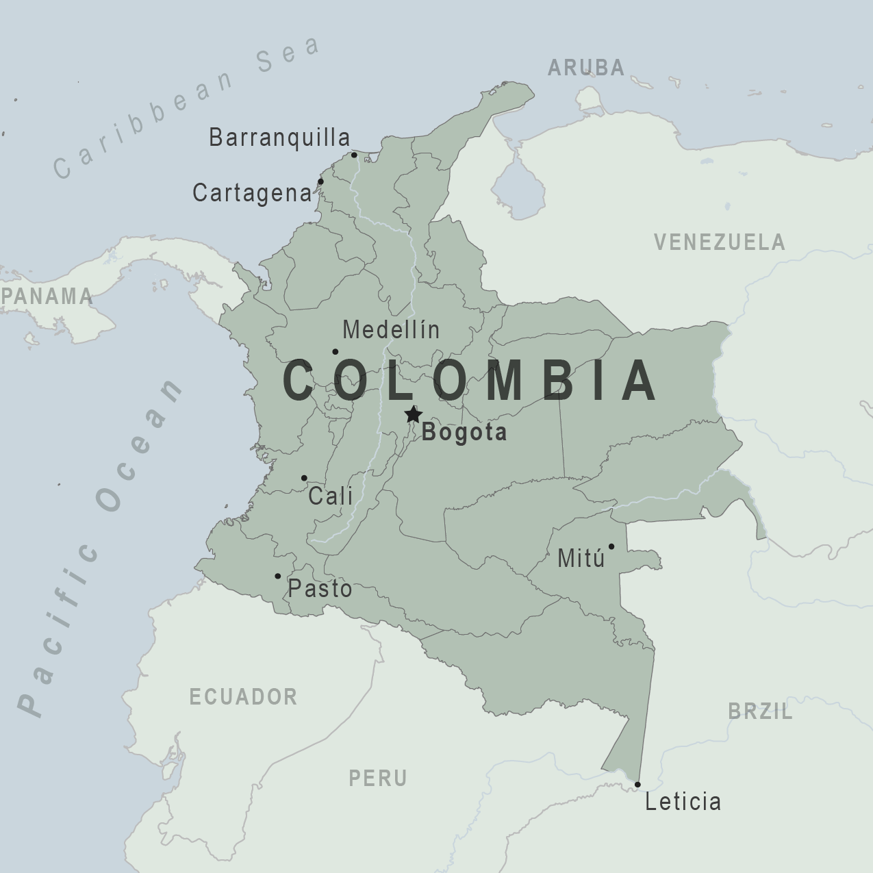 Colombia is bounded on the north by the Caribbean Sea, the northwest by Panama, the south by Ecuador and Peru, the east by Venezuela, the southeast by Brazil, and the west by the Pacific Ocean. It comprises 32 departments and the Capital District of Bogotá, the country's largest city. (Photo Internet Reproduction)