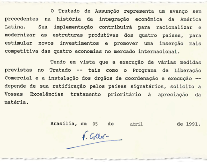 Message in which President Collor asks Congress to ratify the Mercosur treaty (image: Senate File) Source: Senate Agency