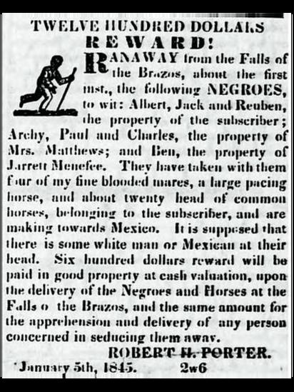 Ranch owners published advertisements in the press at the time offering rewards for the capture of escaped slaves.