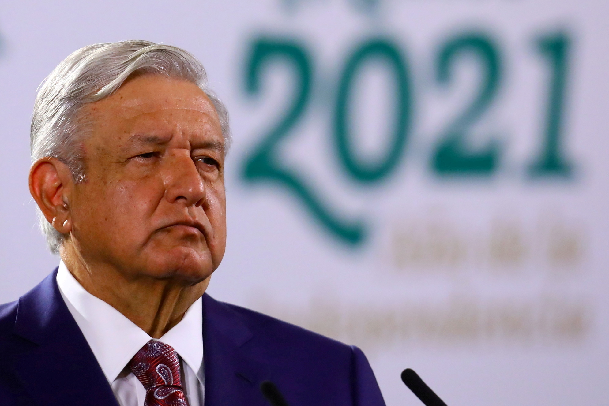 FILE PHOTO: FILE PHOTO: Mexico's President Lopez attends a news conference at the National Palace in Mexico City