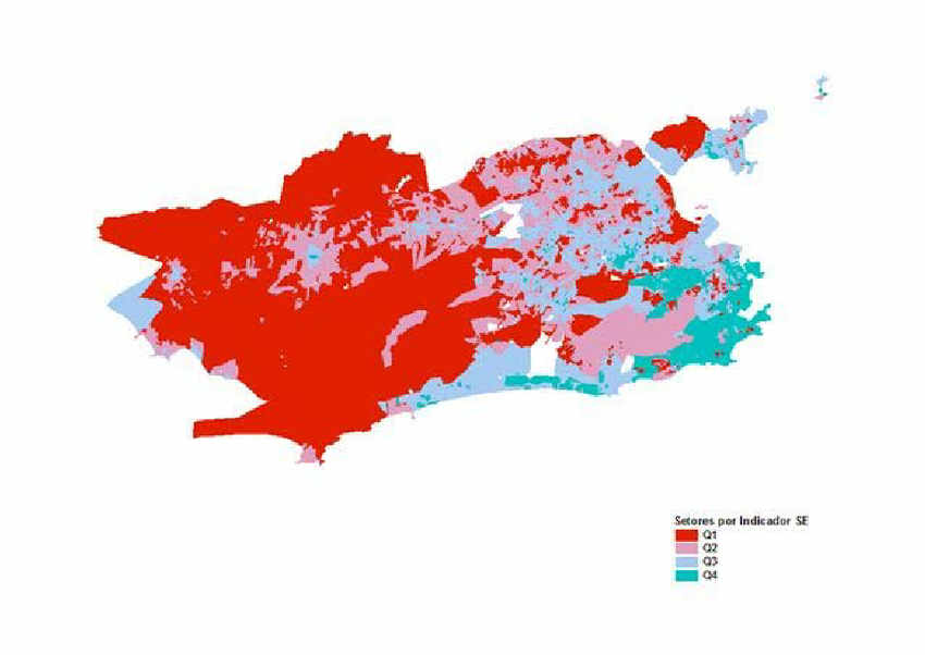 All red or red areas are poor or very poor. Rio de Janeiro is not a wealthy city with a few favelas but much more a huge favela with a few wealthy residential islets.