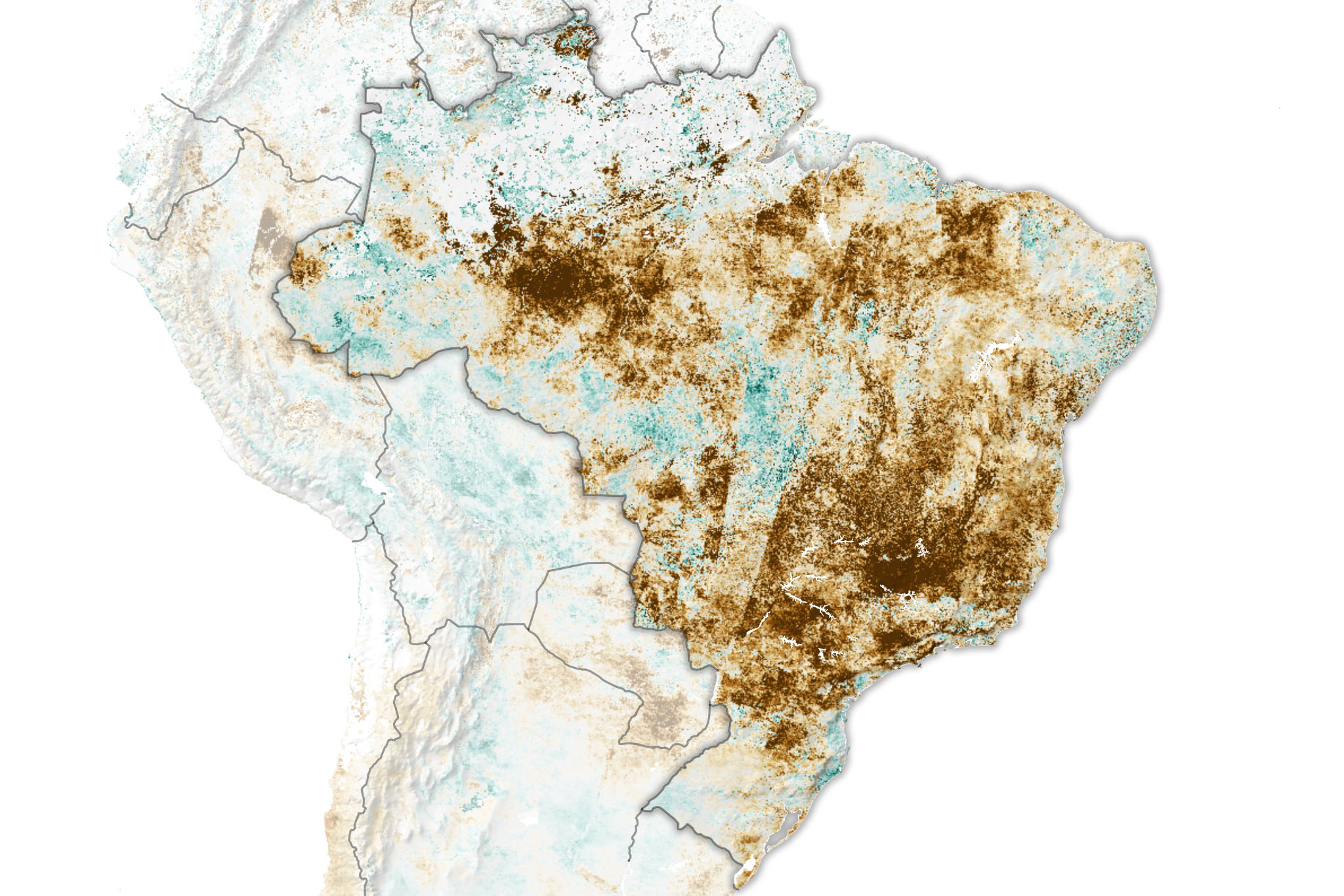 Brown color = drought. 