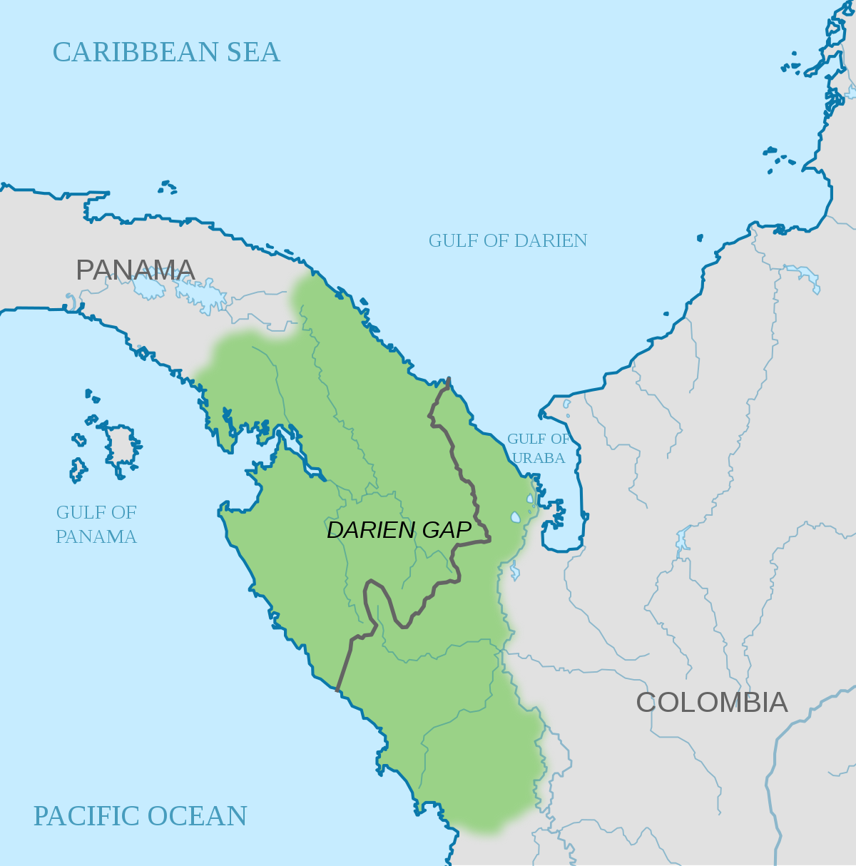  The Darién Gap is a break across the North and South American continents within Central America, consisting of a large watershed, forest, and mountains in the northern portion of Colombia's Chocó Department and Panama's Darién Province.