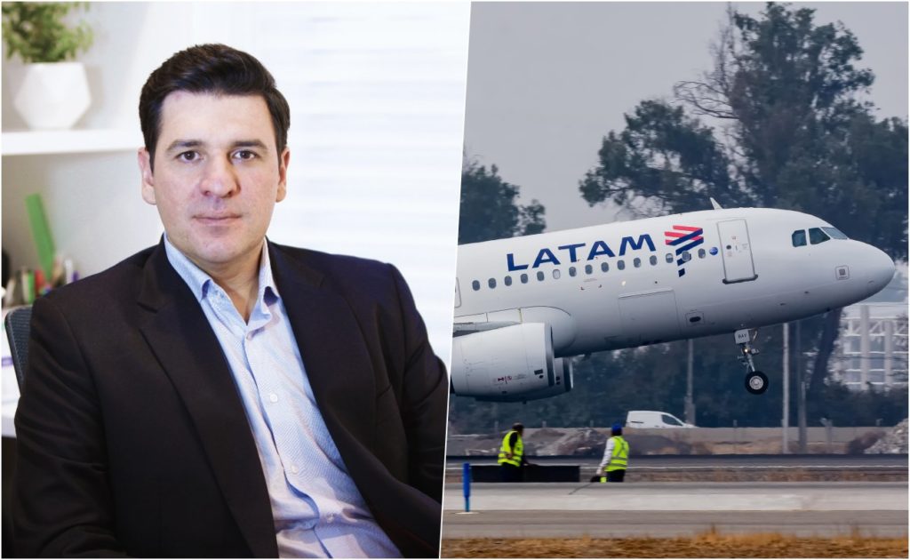 Man in suit, LATAM airplane taking off