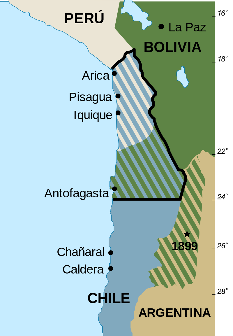 Borders of Chile, Bolivia and Peru before and after the war. Note: north of Arica is the Peruvian region of Tacna, occupied by Chile from 1880 to 1929