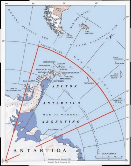 Map of the Antarctic territory claimed by Argentina.