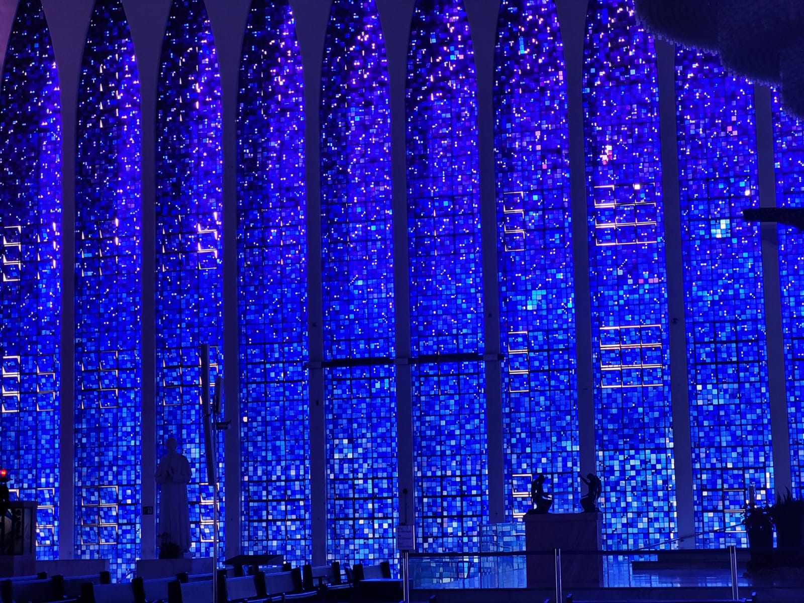 The blue background, dotted with tinier white squares, looks like a starry sky as you enter and invokes heaven itself, creating a celestial meditative space where many visitors aim to clear the clutter of their lives, get lost in its immensity, and find themselves.