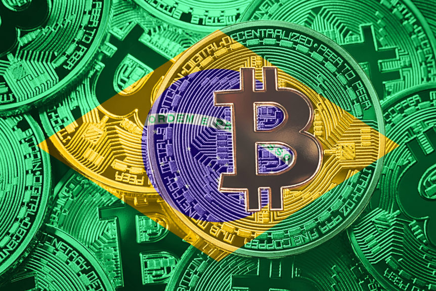 Stack of Bitcoin Brazil flag. Bitcoin cryptocurrencies concept. BTC background.
