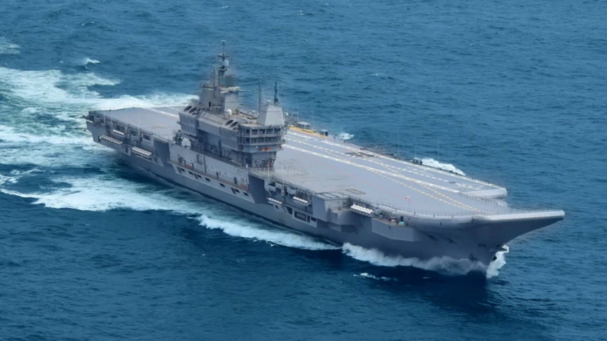 NS Vikrant, 40,000-ton displacement and sky-jump ramp. Photo: India DoD