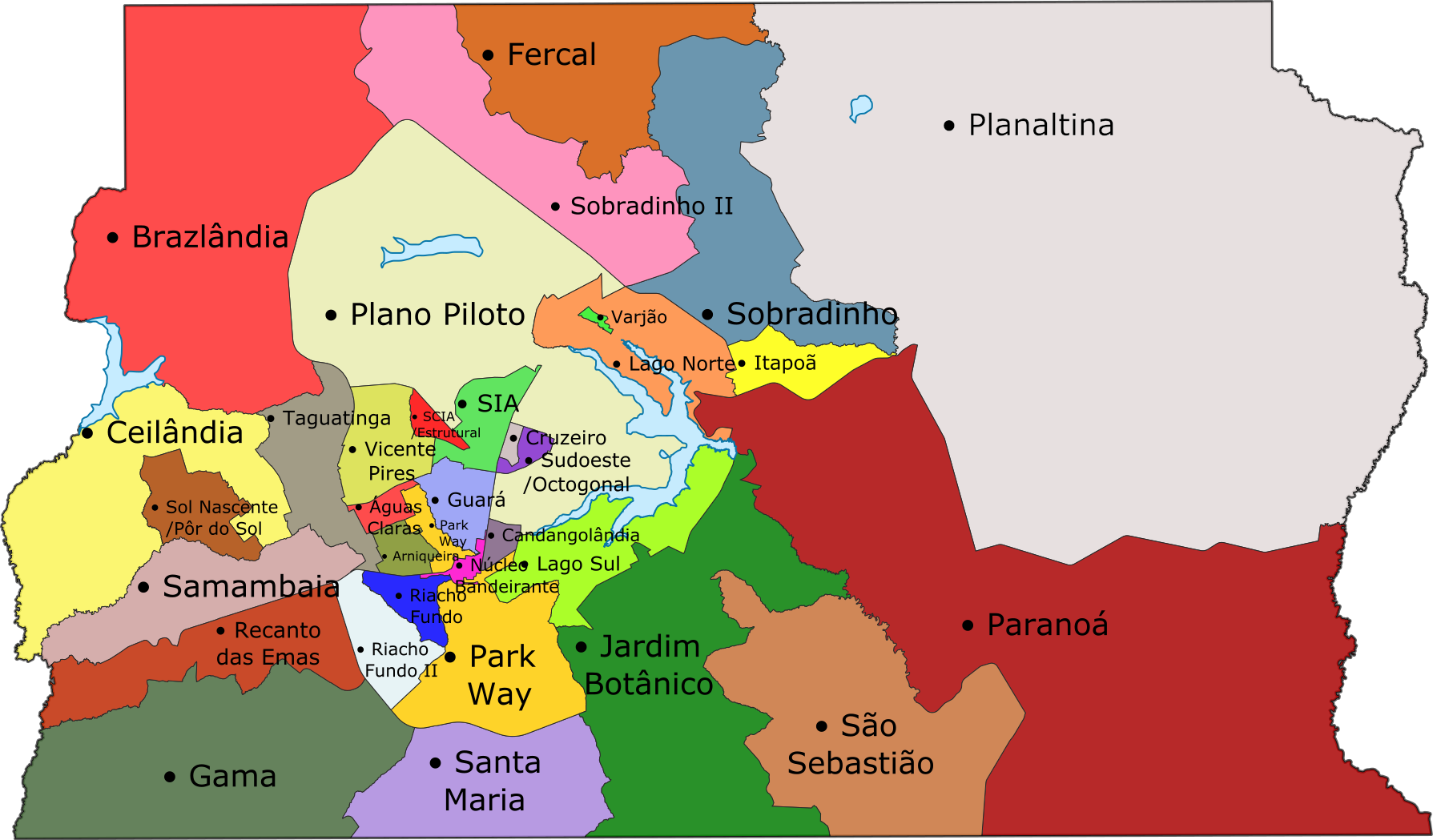 Map of the Brazilian Federal District. The high-income regions are Águas Claras, Jardim Botânico, Lago Norte, Lago Sul, Park Way, Plano Piloto, and Sudoeste/Octogonal.