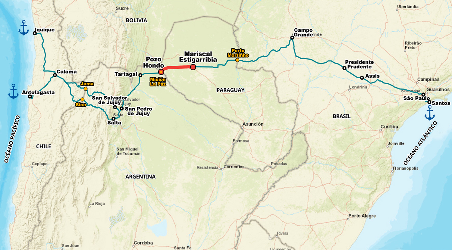 The Bioceanic Road Corridor will start from Porto Murtinho in the state of Mato Grosso do Sul in Brazil and will cross the Paraguay River through a bridge that will connect this Brazilian region with Carmelo Peralta and will later connect to Pozo Hondo on the border with Argentina.