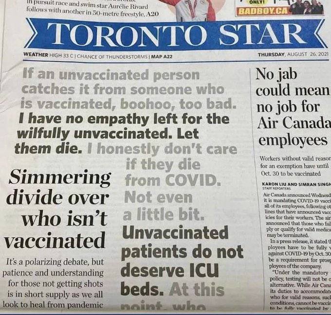 That's what the Toronto Star wrote on its front page in August 2021. (Photo internet reproduction)