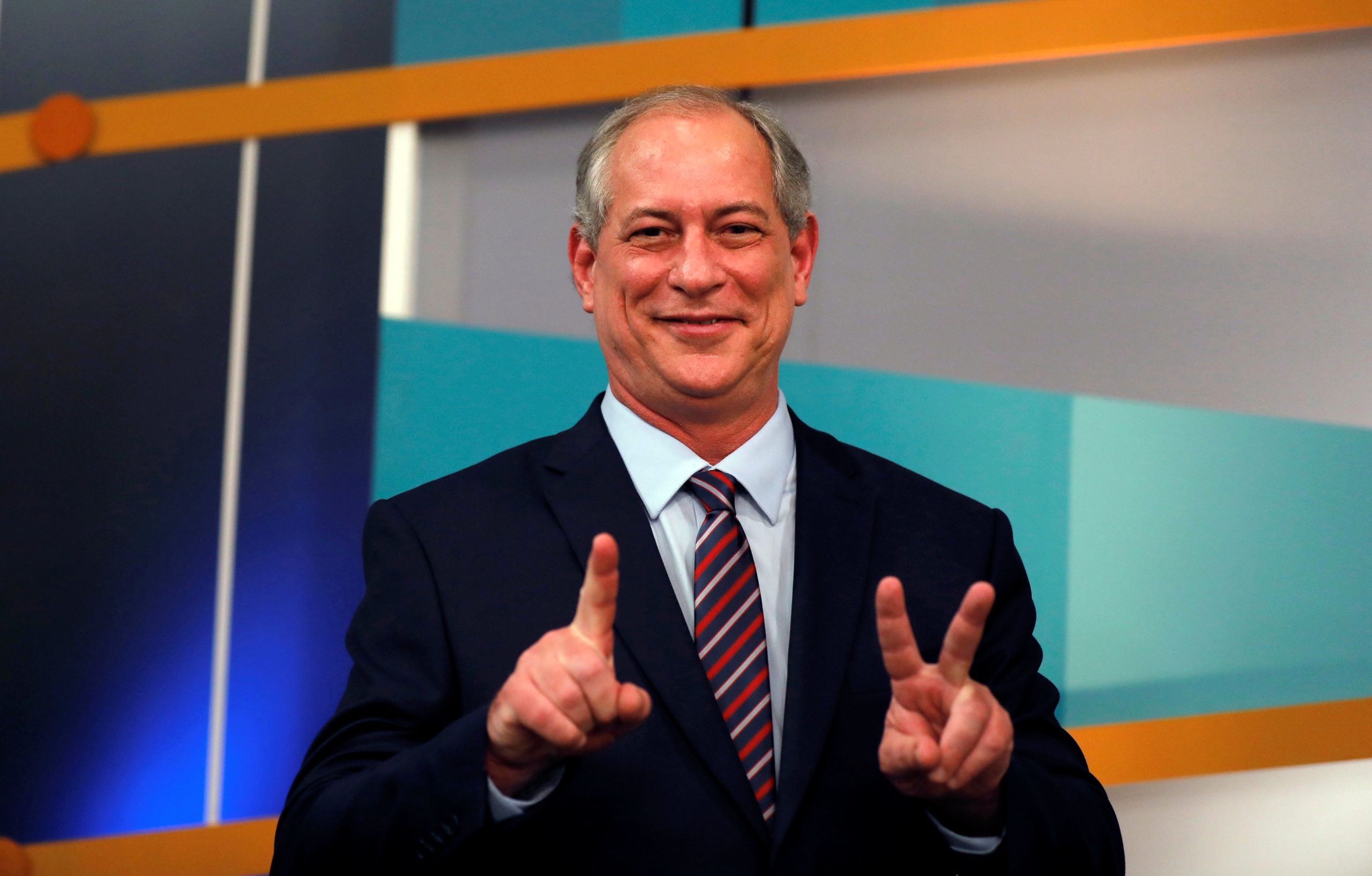 Presidential candidate Ciro Gomes of the Democratic Labour party (PDT) gestures during a television debate at the Gazeta TV studio in Sao Paulo