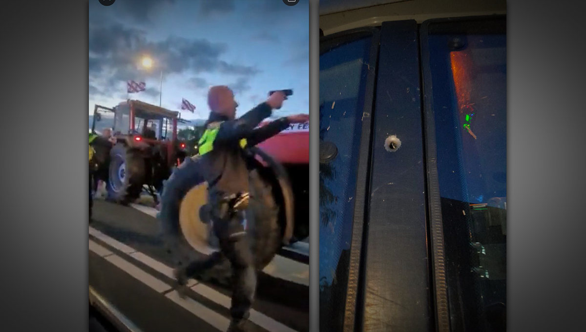 Policeman shoots live ammunition at tractor. (Photo internet reproduction)
