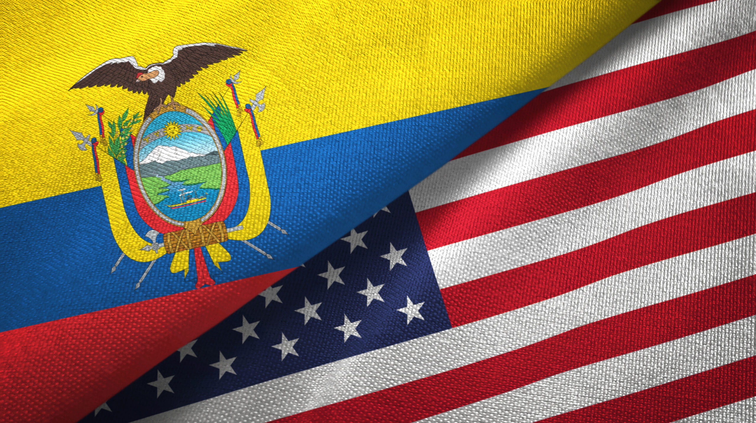 Ecuador and United States two flags textile cloth, fabric texture