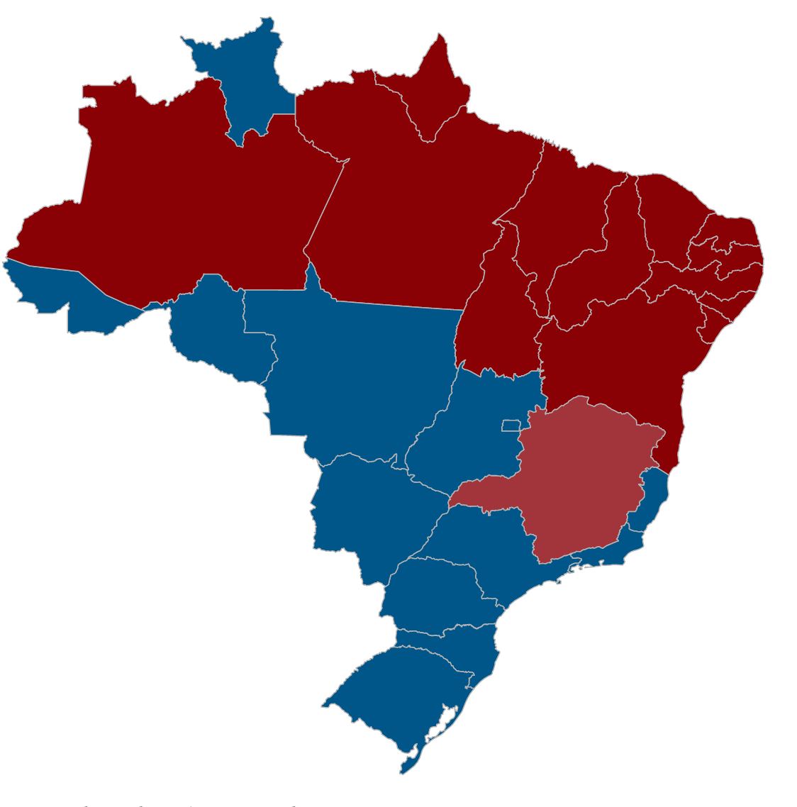 Blue voted for Bolsonaro, red for Lula da Silva. The state in light red is Minas Gerais. 