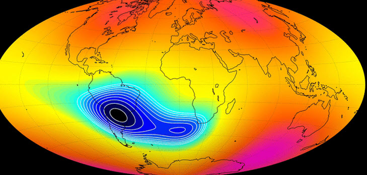 The South Atlantic Anomaly encompasses this part of the ocean and South America (Photo: ESA)
