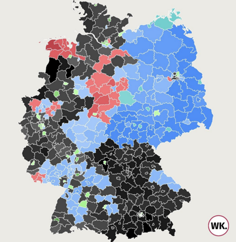Constituencies marked in blue like the AfD. The deeper blue, the more the AfD is liked. (Photo Internet reproduction)