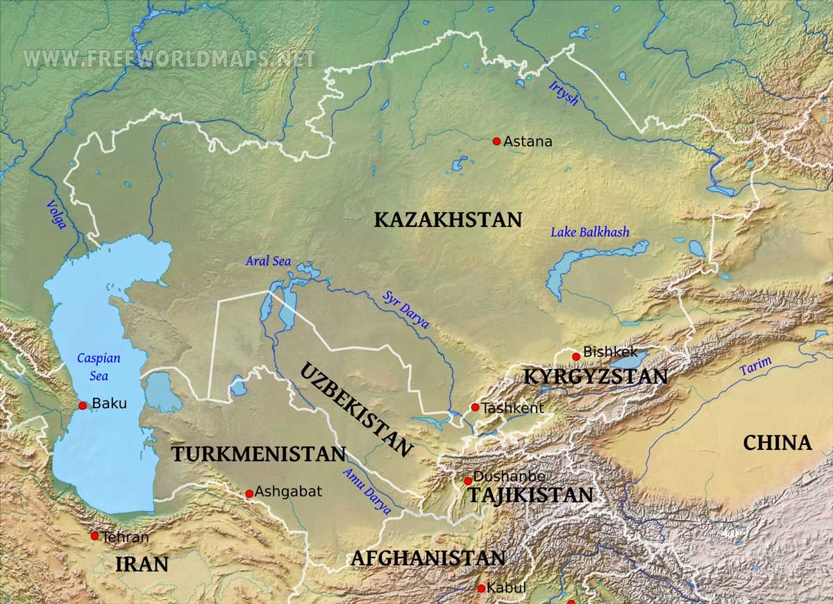 Relief map Central Asia and the two main rivers, supplying the region with water. (Photo Internet reproduction)