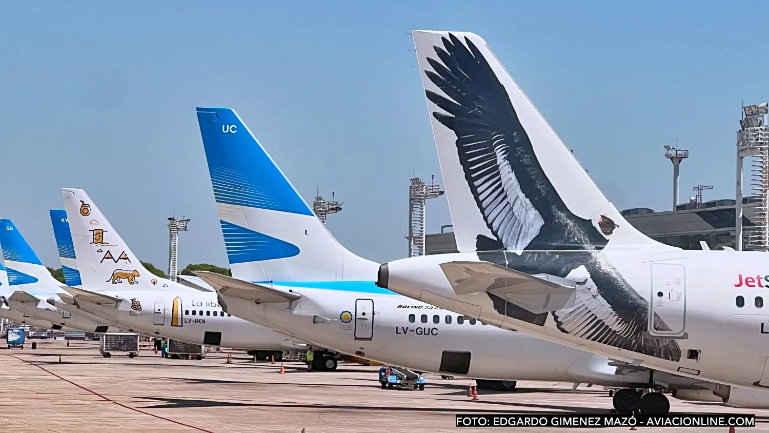 Aerolíneas Argentinas and JetSMART aircraft tails on the tarmac at Aeroparque Jorge Newbery