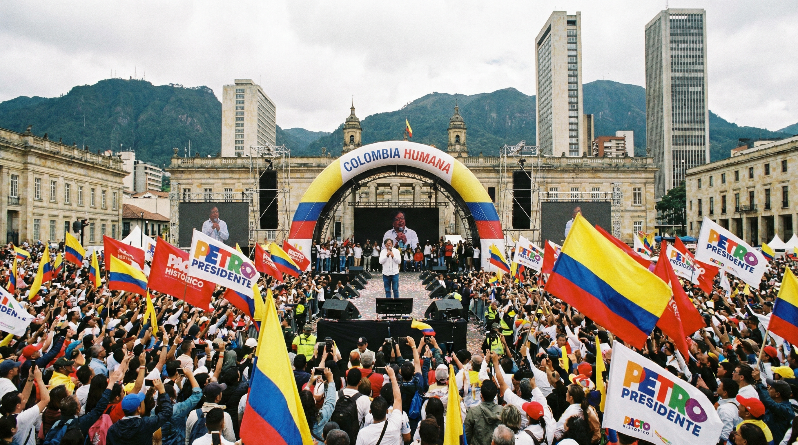 A political rally with Colombian flags in Bogotá