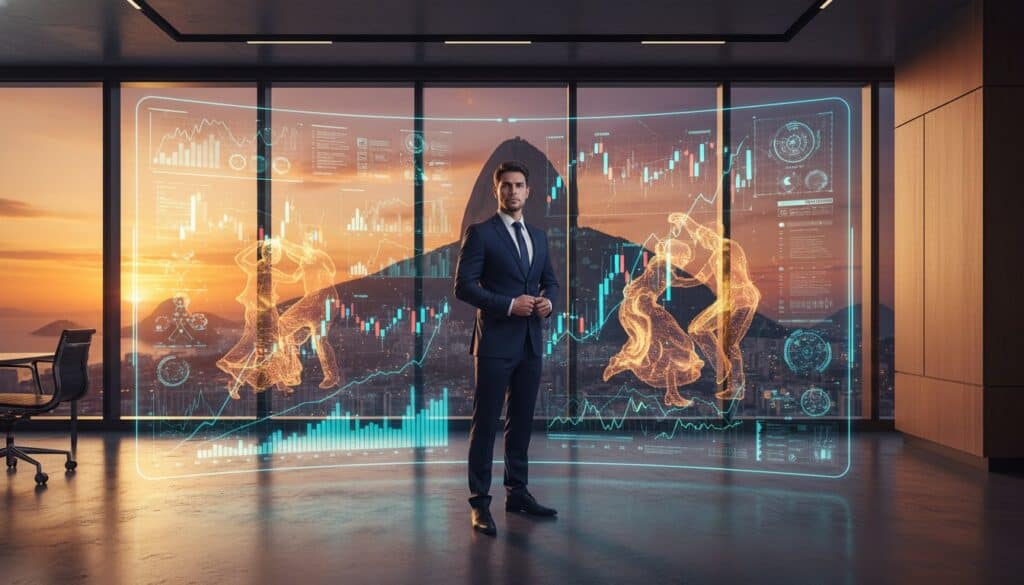 Man in suit with financial data and Rio de Janeiro background