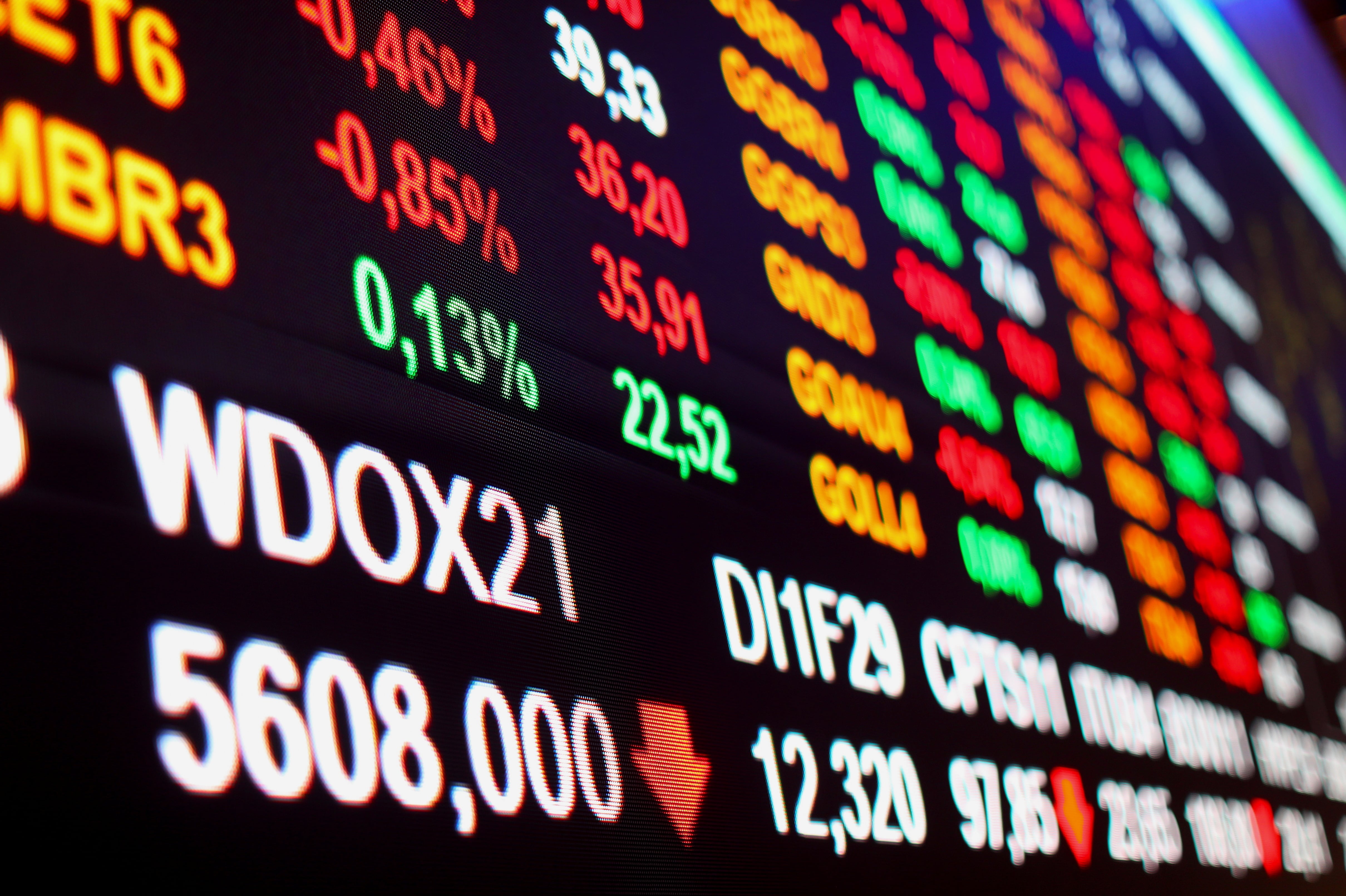 B3 Brazil stock exchange electronic trading board showing Ibovespa stocks in Sao Paulo