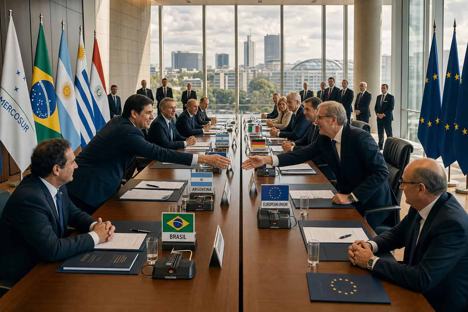 Mercosur and European Union trade negotiators shaking hands across signed agreement documents at conference table